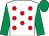White, red spots, emerald green sleeves & cap (S G Keys)