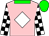 Pink, white diamond, black and white blocks on sleeves, green collar and cap (Chow Down Stables, Last Dollar Racing And Kost, Anthony)