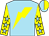 Sky blue, yellow lightning bolt, sky blue stars on yellow sleeves, sky blue & yellow halved cap (Matthew Schera)