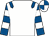 White, royal blue epaulets, royal blue and white hooped sleeves, white and royal blue quartered cap (Booth And Southworth)