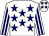 White, navy stars, striped sleeves, white cap, navy stars (Mrs A B Fortune, Mr & Mrs A C Greeff)