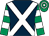 Dark blue, white cross belts, emerald green and white hooped sleeves and cap (Mr Johnny Higgins)