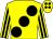 Yellow, large black spots, striped sleeves, yellow cap, black spots (Dr Michael Carmody)