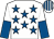 White, royal blue stars, royal blue & white halved sleeves, white & royal blue striped cap (J J Devaney)
