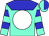 Aqua, blue yoke, white spot, blue hoops on sleeves, aqua and blue halved cap (Sullimar Stable)