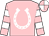 Pink, white horseshoe, white hoops on pink sleeves, pink and white quartered cap (Kelly, Jon And Sarah)
