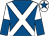 Royal blue, white cross sashes, halved sleeves, white cap, royal blue star (E Cahill)