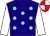 Dark Blue, large Light Blue spots, White sleeves, Red and White quartered cap ()