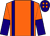 ORANGE, dark blue braces, halved sleeves, dark blue cap, orange spots ()