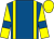 Royal blue, yellow braces, yellow sleeves, royal blue armlets, yellow cap ()