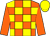 Orange and yellow check, orange sleeves, yellow cap ()
