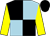 Black and light blue (quartered), yellow sleeves, black cap ()