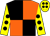 Black and orange (quartered), yellow sleeves, black spots, yellow cap, black spots ()