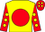 Yellow, red disc, red sleeves, yellow spots, red cap, yellow spots ()