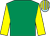 Emerald green, yellow sleeves, light blue & yellow striped cap (P Hogan)
