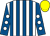 White and royal blue stripes, royal blue sleeves, white spots, yellow cap (Mr R A H Evans)