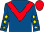 Royal blue, red chevron, royal blue sleeves, yellow stars, red cap (Rebecca Curtis & John Vincent)