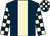 Dark blue, beige stripe, checked sleeves and cap (Mr L A Mullaney)