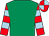Emerald green, red and light blue hooped sleeves, quartered cap (Mr Pete Mercer)