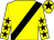 Yellow, black sash, yellow sleeves, black stars, yellow cap, black star (Reveley Racing 1)