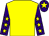Yellow, purple sleeves, yellow stars, purple cap, yellow star (S Crawley, T Crawley)