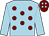 Light blue, maroon spots, light blue sleeves, maroon cap, light blue spots (Mr Tony Cromwell)