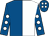 Royal blue and white (halved), royal blue sleeves, white spots and spots on cap (Furrows Ltd)