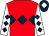 Red, dark blue triple diamond, white sleeves, dark blue diamonds, dark blue cap, white diamond (Miss Katharine J Holland)