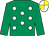 Emerald green, white spots, emerald green sleeves, white and yellow quartered cap (Mrs A M Riney)
