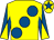 Yellow, large royal blue spots, diabolo on sleeves, yellow cap, royal blue star (P J F Kelly)