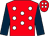 Red, white spots, dark blue sleeves, red cap, white spots (The Strawberries To A Donkey Partnership)