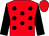 Red, black spots and sleeves, red cap (Mr John Manley)