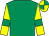 Emerald green, yellow sleeves, emerald green armlets, quartered cap (Mrs H O Graham)