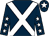 Dark blue, white cross belts, dark blue sleeves, white stars, dark blue cap, white star (Ellangowan Racing Partners)