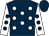Dark blue, white spots, white sleeves, dark blue spots and cap (Mr & Mrs F Cotton,mr & Mrs P Conway)