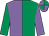 Emerald green & mauve halved, slvs reversed, quartered cap (Mrs A F Mee)