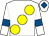 White, large yellow spots, white sleeves, royal blue armlets and diamond on white cap (Late Night Drinkers & Wishful Thinkers)