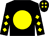Black, yellow disc, diamonds on sleeves, black cap, yellow spots (Mrs Susan Moore)