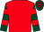 Red, dark green and red hooped sleeves and cap (Dr E Harris)