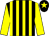 Black & yellow stripes, yellow sleeves, yellow star on cap (Claire McAuley)