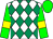 White & emerald green diamonds, green sleeves, yellow armlet, green cap (Timothy J Rooney)
