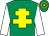 Emerald green, yellow cross of lorraine, white sleeves, emerald green and yellow hooped cap (Mrs Elizabeth Smith)