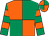 Emerald green & orange quartered, hooped sleeves, qtd cap (Mrs S Neville)
