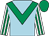 Light blue, emerald green chevron, white & emerald green striped sleeves, emerald green cap (Corsellis, Stockdale & Seyfried)