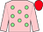 Pink, light green spots, pink sleeves, red cap (Mrs S Ricci)