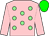 Pink, light green spots, pink sleeves, green cap (Mrs S Ricci)