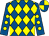 Royal blue and yellow diamonds, royal blue sleeves, yellow spots, quartered cap (Miss K Squance)