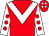 Red, white chevron, white sleeves, red spots, red cap, white spots (Pow Partnership)