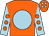 Orange, light blue disc, light blue sleeves, orange spots and spots on cap (Ms M Austerfield)