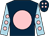 Dark blue, pink disc, light blue sleeves, pink spots, dark blue cap, pink spots (Mrs Laurie Huntley)